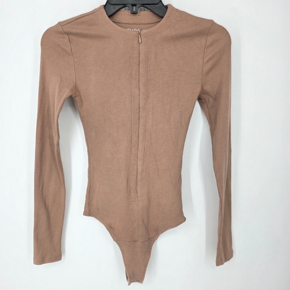 Abercrombie‎ & Fitch Womens Soft Rib Half-Zip Long Sleeve Bodysuit Tan XS